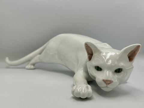 Royal Copenhagen stor Figur - Snigende hvid Kat