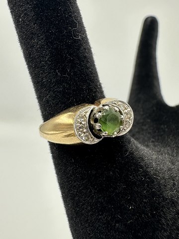 14Karat Guld Ring med grøn sten og diamanter
